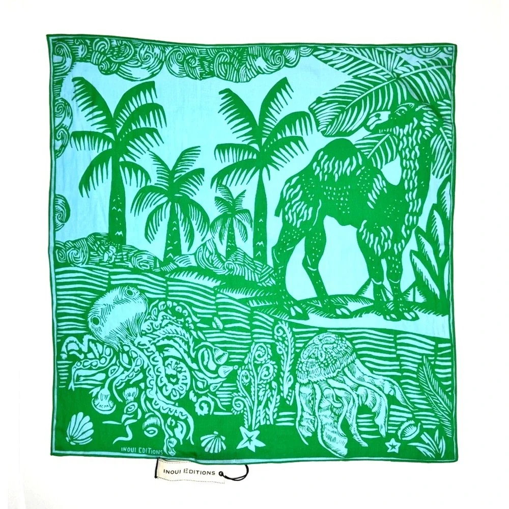 Inoui Editions Dufy Square Scarf‎ Turquoise Cotton Silk Two Tone Desert Scene